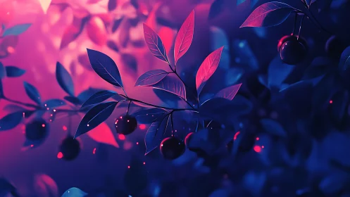 Glowing berries and leaves sit in neon purple blue light