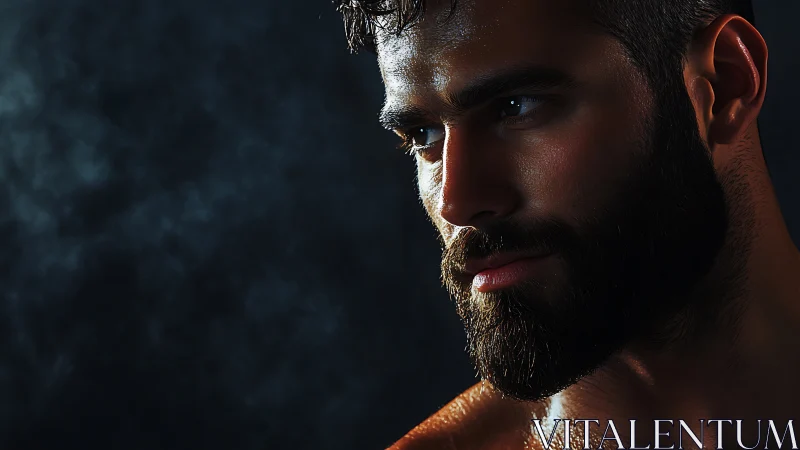 Low key closeup portrait of bearded male with rim lighting