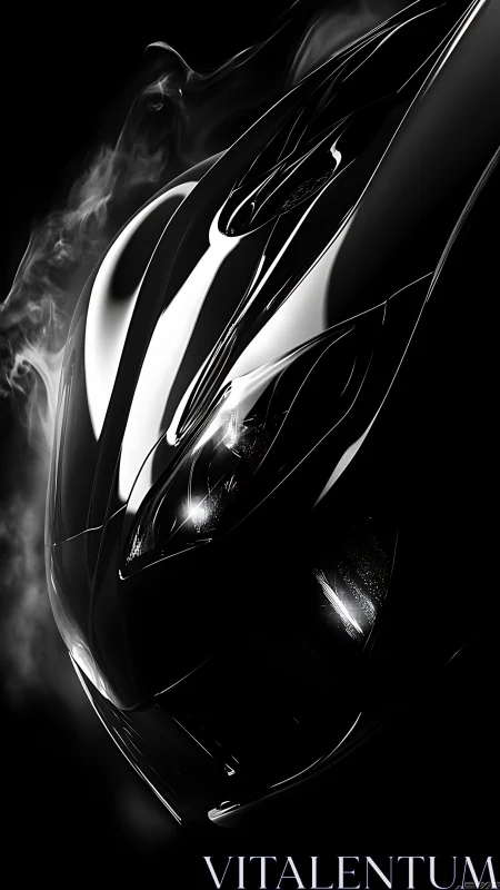 Sleek sports car hood gleams in dramatic side lighting.