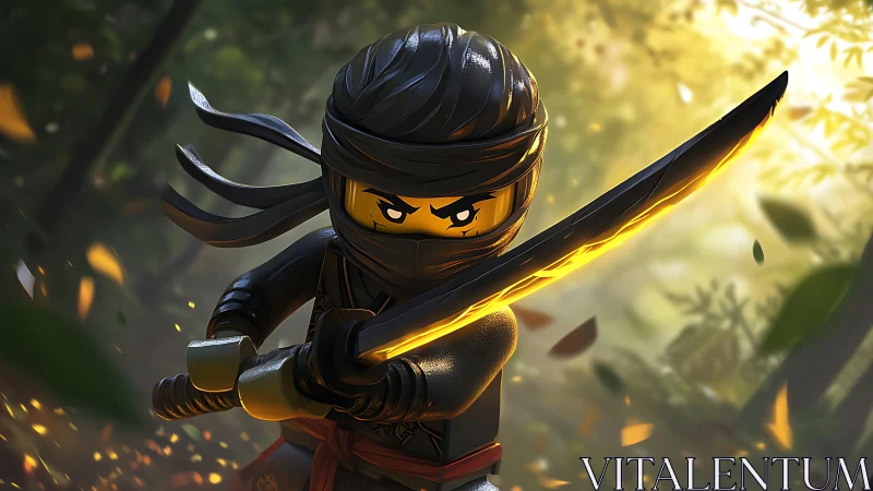 LEGO ninja warrior wields glowing katana in forest light.