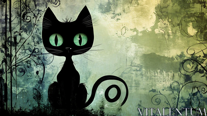 Black Cat with Green Eyes Against Grunge Green Background