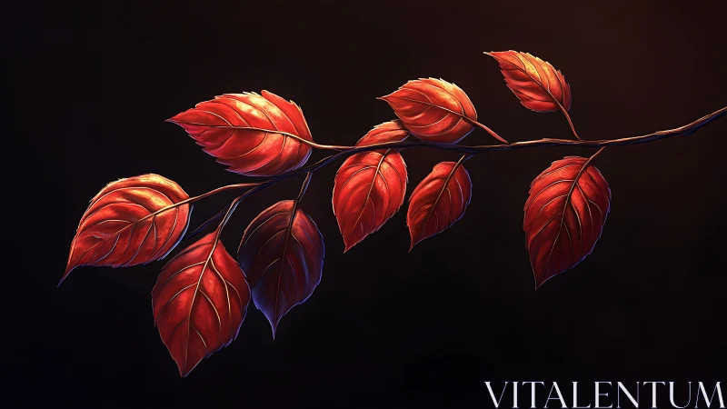 Vibrant red autumn leaves on branch, digital illustration style.