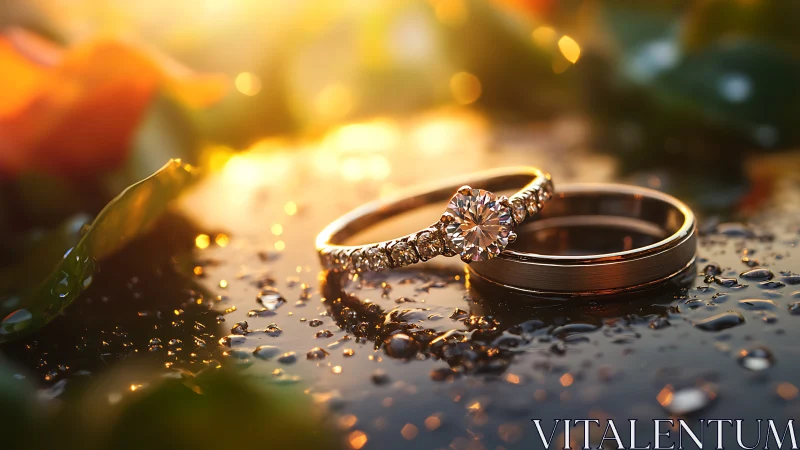 Photorealistic macro of diamond engagement and wedding rings.