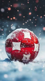 Red soccer ball resting in fresh winter snow at dusk.
