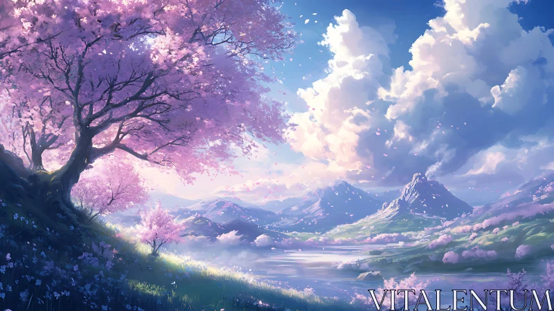 Gentle spring valley under drifting cherry blossom clouds.