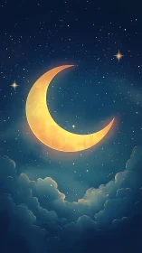 Curved moon drifts like a golden boat across cloud tides