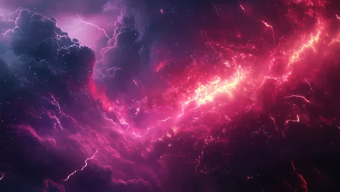Nebular storm cloudscape with magenta lightning and fire.