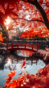 Red arched bridge spans reflective pond under dense autumn foliage