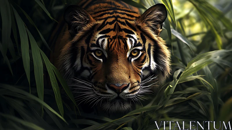 Tiger face emerging from dense green foliage in sharp focus