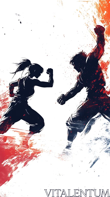 Silhouetted fighters collide in a storm of red and white ink