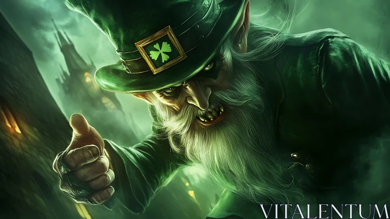 Sinister green leprechaun lunging forward in foggy street.