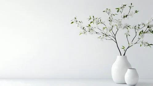 Minimalist White Ceramic Vases with Flowering Branches.