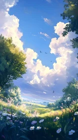 Lush countryside meadow under towering summer clouds.