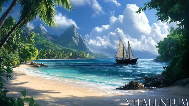 Tropical sailing vessel anchored within verdant lagoon landscape