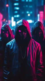 Neon-masked hooded trio in cyberpunk night alleyway.