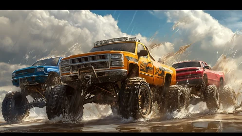 Roaring monster trucks charge through sunlit flying mud.