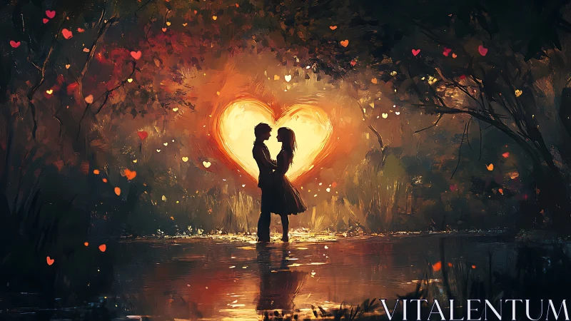 Silhouetted Couple Beneath Glowing Heart-Shaped Light Formation.