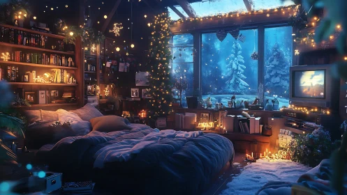 Cozy winter loft bedroom with cinematic festive lighting.