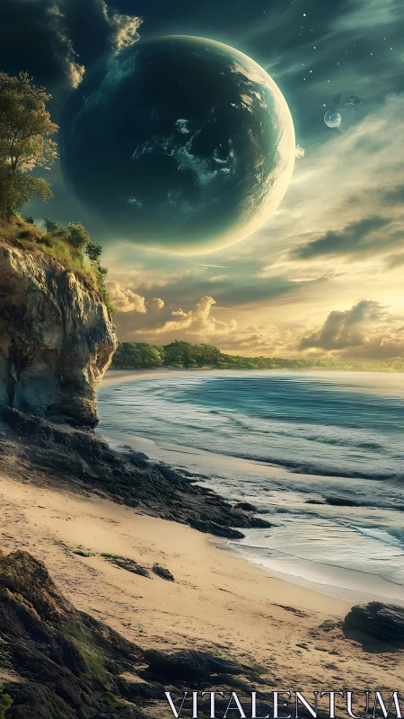 Colossal planet hanging above sunlit alien ocean coast