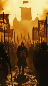 Sun-forged battlements beckon the marching knightly tide