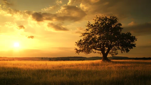 Solitary oak anchors expansive prairie under golden sunset