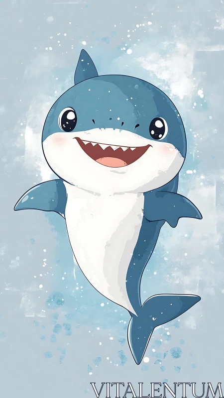 Smiling baby shark twirls through splashed pastel seas.