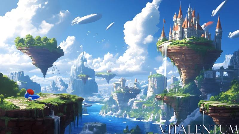Fantasy floating island archipelago with layered castles and airships.
