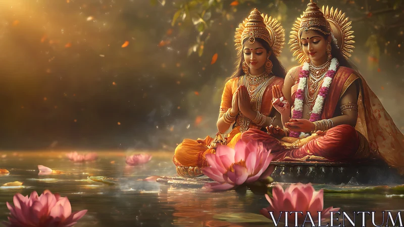 Serene divine women in lotus pond with warm light.