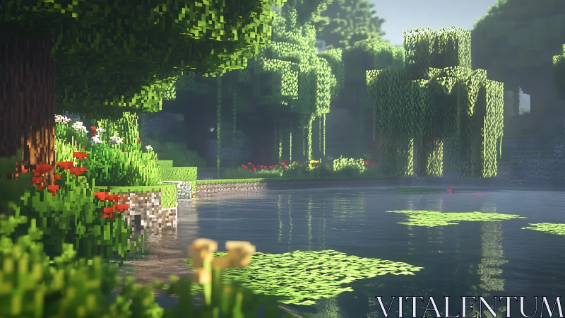 Voxel forest lakeside under warm volumetric daylight glow.
