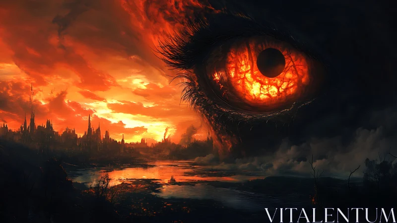Burning dragon eye looms above apocalyptic ruined cityscape.