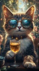 Feline Figure in Eyewear with Beverage.