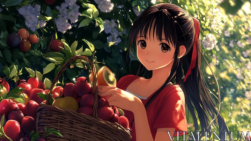 Anime girl harvests ripe summer fruits in glowing orchard.