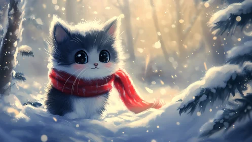 Cozy Winter Kitten in a Snowy Forest Embrace.