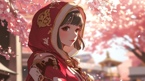 Hooded shrine maiden under prunus blossom bokeh field.