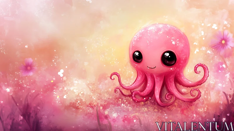 Bubble-bright pink octopus twirling in a dreamy bloomscape.