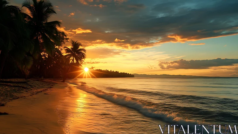 Tropical shoreline sunset with golden surf reflections.