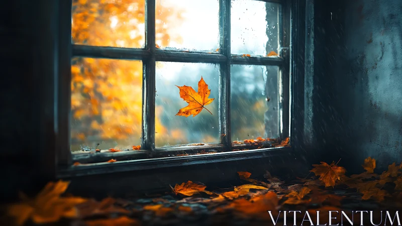 Maple leaf at window during rainfall with autumn foliage.