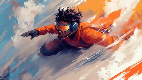 Dynamic snowboarder in orange suit slicing abstract snowfield.
