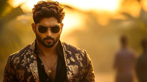 Sunlit portrait of stylish man in embroidered blazer at dusk.
