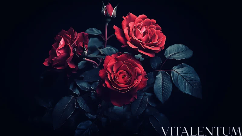 Crimson Roses Rendered Against Obsidian Background with Selective Illumination.