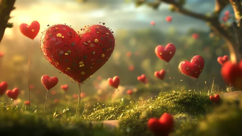 Luminous Heart Balloons Floating in Sunlit Meadow Landscape