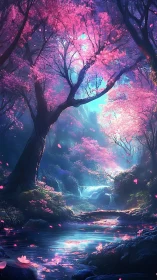 Digital painting of luminous sakura forest and cascade stream.