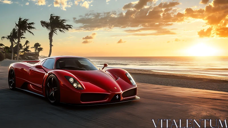 Red supercar cruising beside radiant ocean sunset.