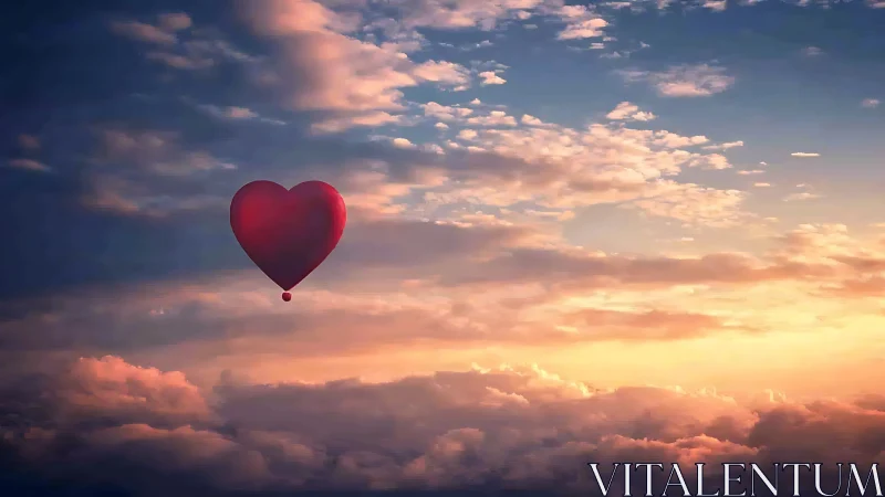 Heart-Shaped Balloon Soars Through Golden Sunset Clouds.