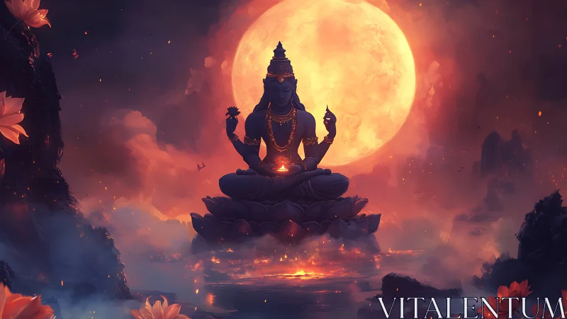 Moonlit meditating deity radiates cosmic serenity and fire.