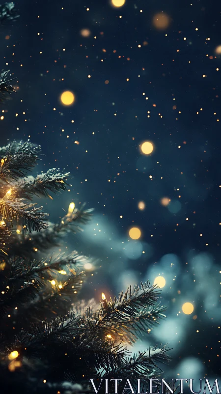 Snowy evergreen branches with soft golden holiday lights.