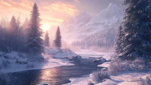 Winter alpine river valley at sunrise with frosted conifers