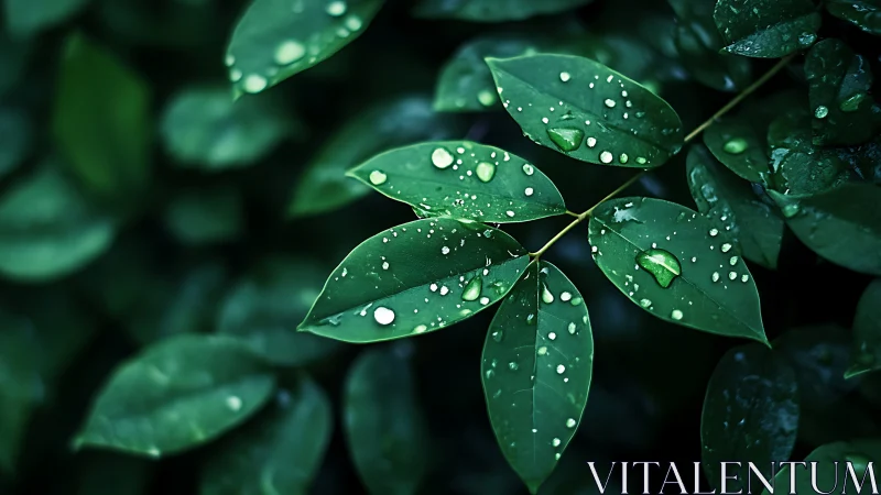 Macro study of green foliage with raindrop refraction and bokeh