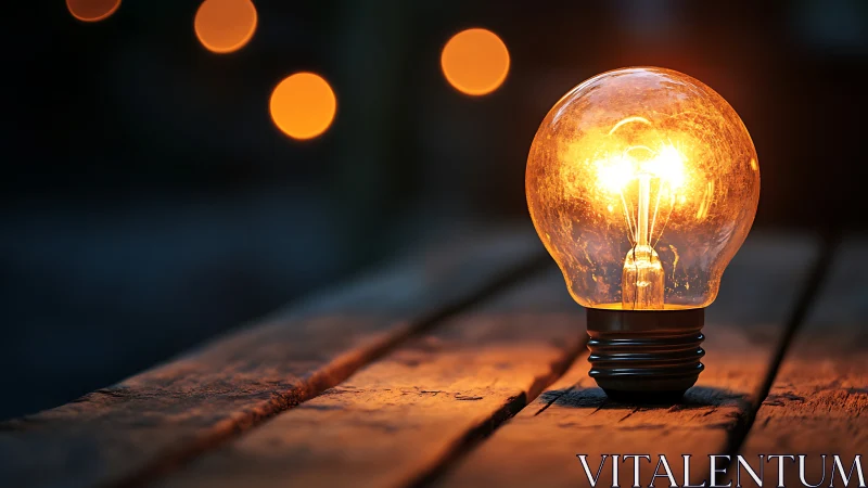 Illuminated light bulb on wooden surface at dusk outdoors.