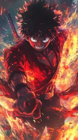 Fiery anime swordsman charging forward in blazing flames.